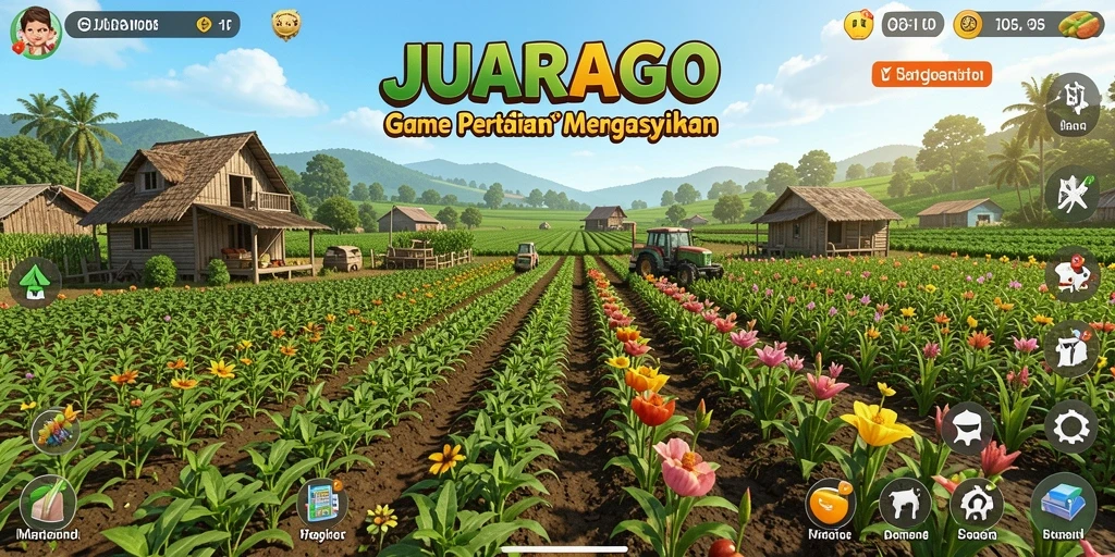 Tampilan gameplay seru dalam JUARAGO yang menunjukkan aktivitas bertani.