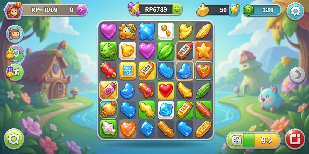Tampilan gameplay seru dalam RP6789 dengan elemen Match-3 yang menarik.